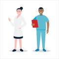 Doctor and nurse standing and hold clipboard flat style vector illustration isolated on white background.